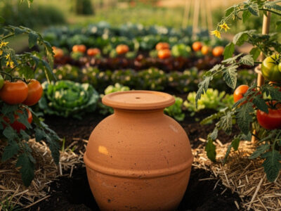 Oya en terre cuite placée entre des plants de tomates au potager