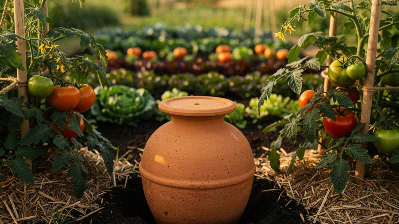 Oya en terre cuite placée entre des plants de tomates au potager
