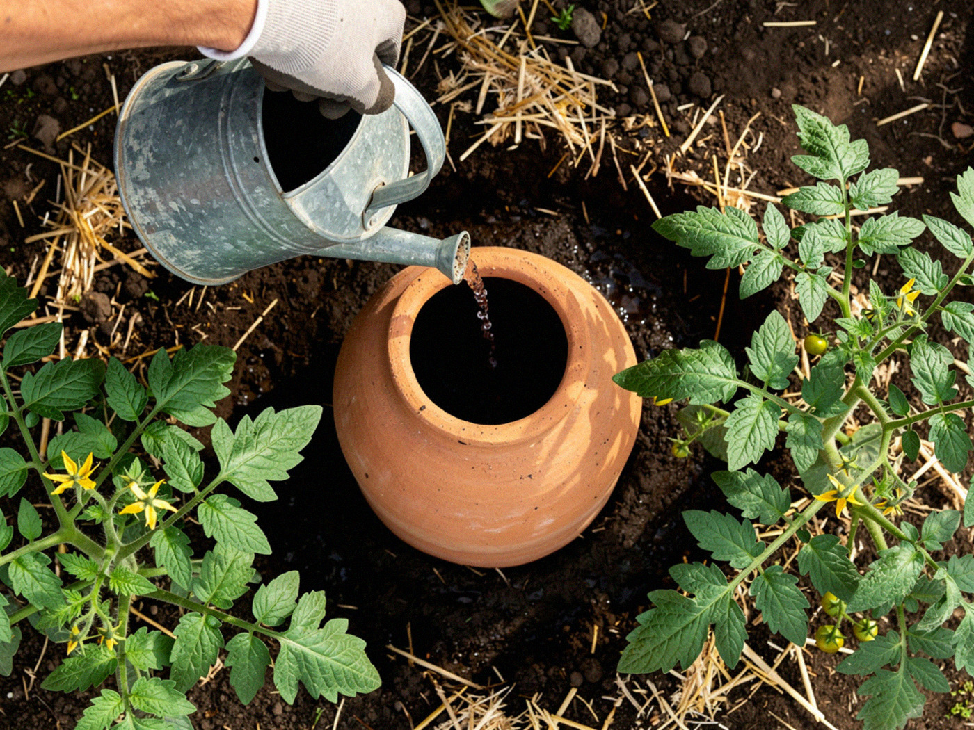 Main remplissant une oya entre des plants de tomates