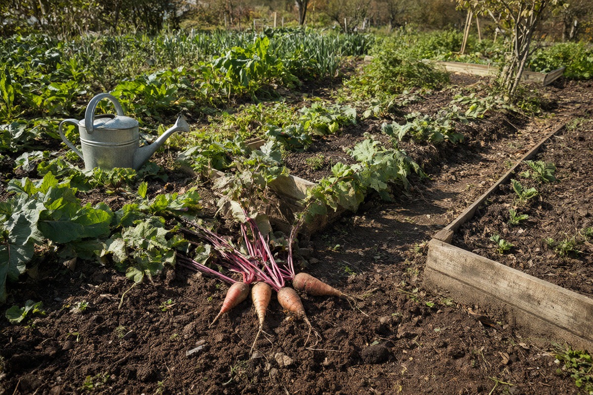 Planches de potager familial et arrosoir en automne